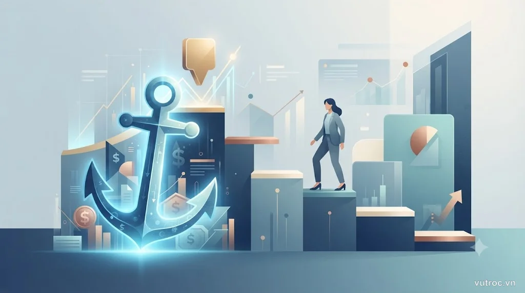 Minh họa trừu tượng về anchoring effect với mỏ neo và biểu đồ giá