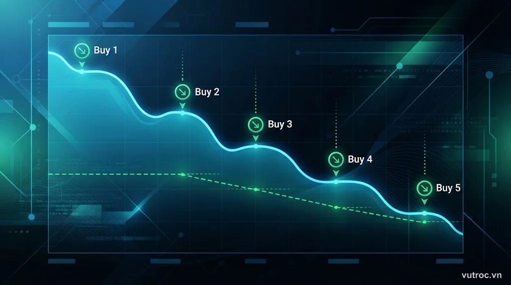 Biểu đồ giá giảm dần với các điểm mua thêm, minh họa chiến lược averaging down trong đầu tư