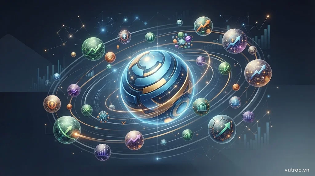 Sơ đồ minh họa chiến lược core-satellite với lõi ổn định và các vệ tinh cơ hội