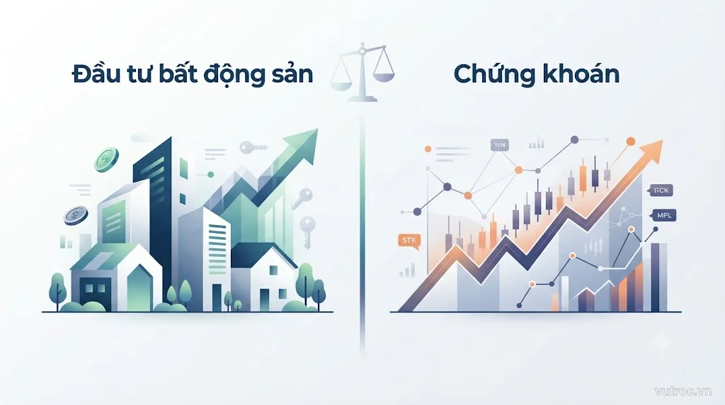 Hình minh họa trừu tượng so sánh đầu tư bất động sản và chứng khoán với biểu tượng nhà đất và biểu đồ cổ phiếu