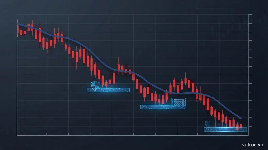 Biểu đồ giá tài sản giảm sâu trong thị trường Bear Market với chiến lược phòng thủ