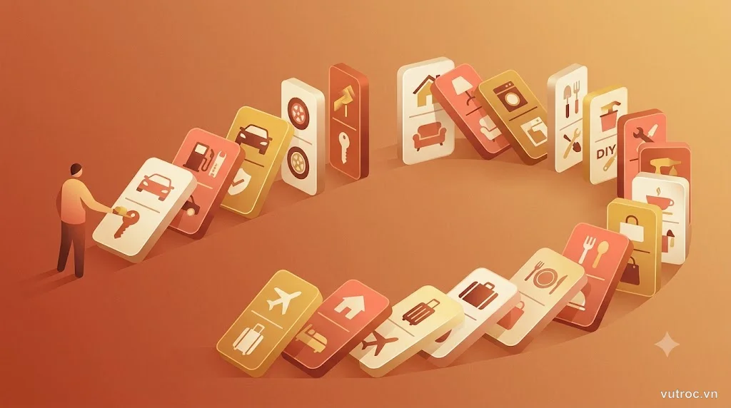 Minh họa hiệu ứng domino từ một món đồ ban đầu dẫn đến hàng loạt mua sắm theo chuỗi