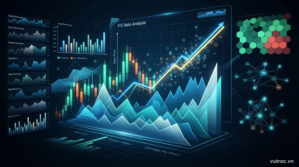 Biểu đồ và con số minh họa P/E ratio trong định giá cổ phiếu