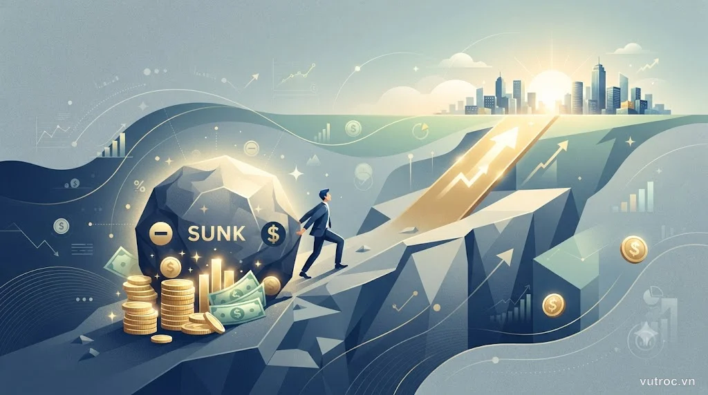 Hình minh họa trừu tượng về sunk cost fallacy trong quyết định tài chính